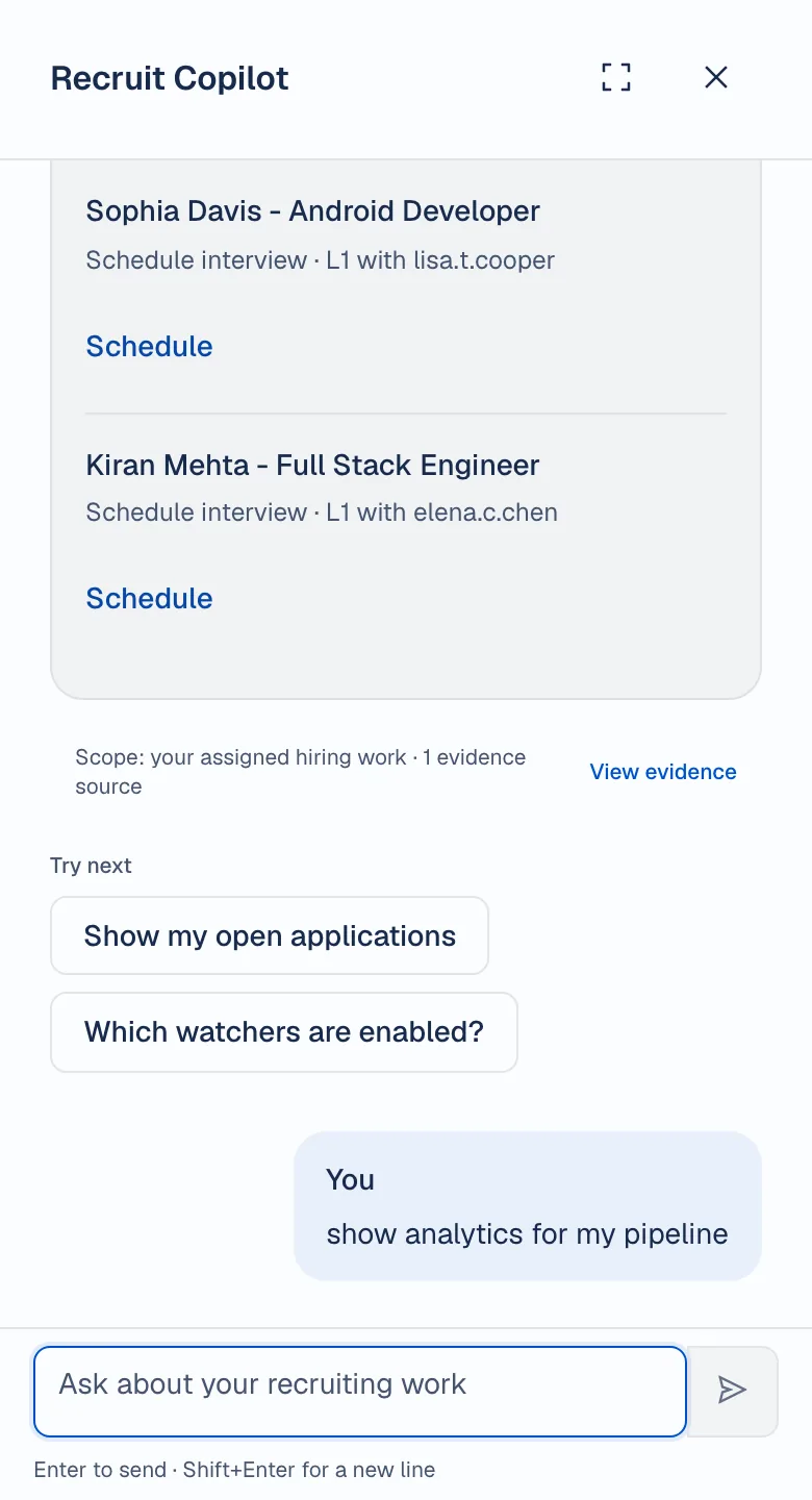 Real mobile Recruit Copilot next actions, including Sophia Davis, Android Developer, with a Schedule link. Demo data.