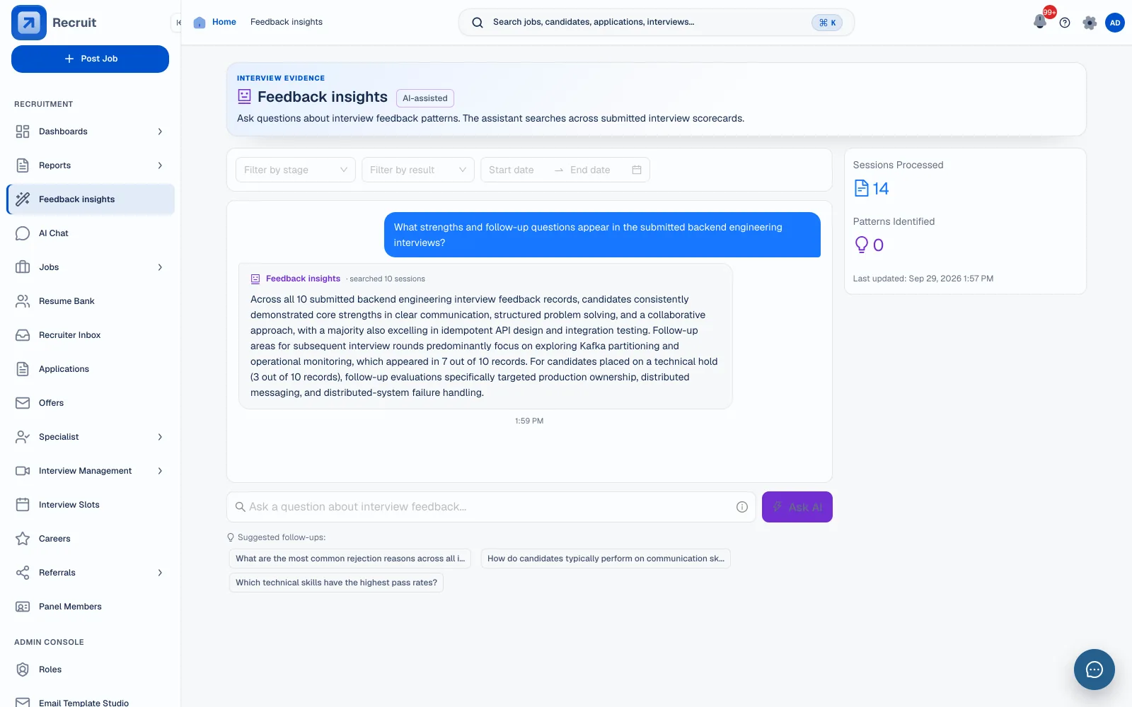 Feedback insights with a genuine AI summary grounded in synthetic submitted interview feedback and 14 indexed sessions