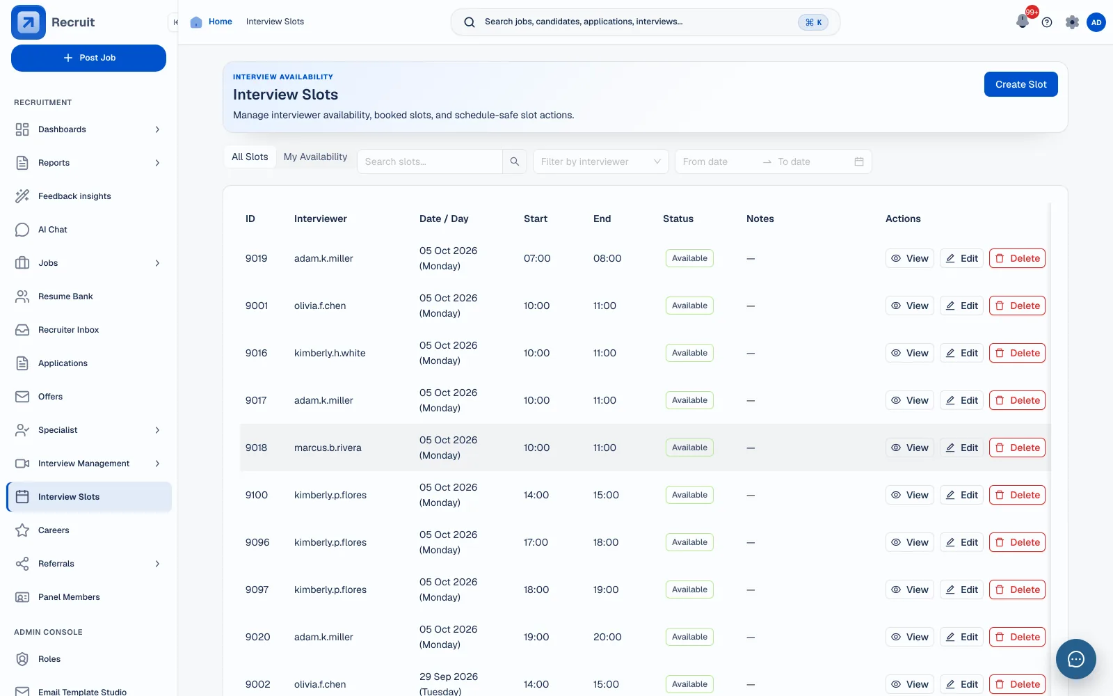 Interview slots workspace with availability filters, seeded interviewer slots across dates and times, status, and slot actions