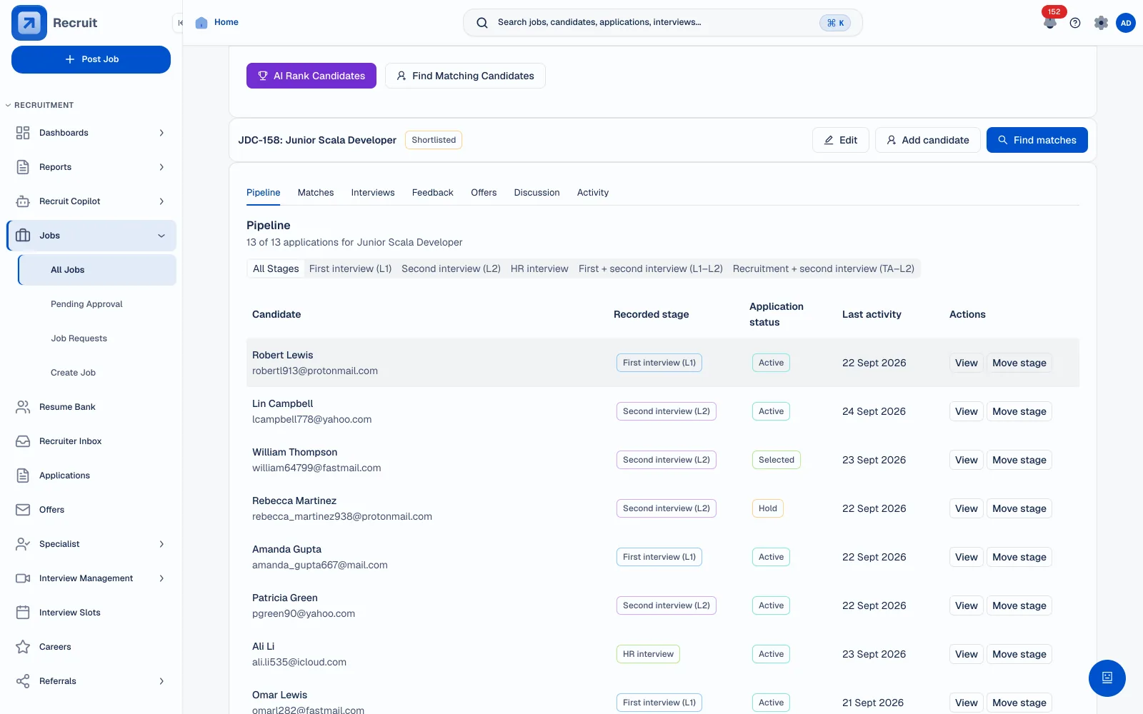 Job pipeline listing each candidate with their recorded interview stage, application status and last activity