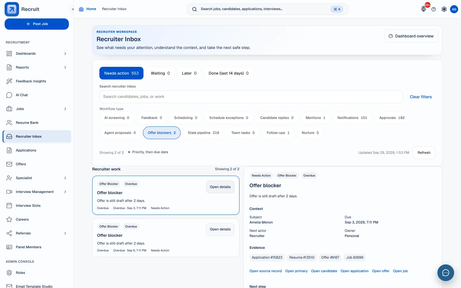 Current recruiter inbox showing offer blockers, candidate context, workflow filters and available recruiter actions