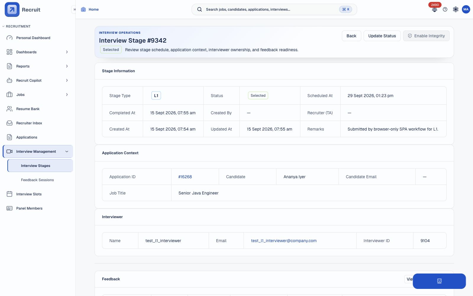 Interview round detail showing schedule, candidate and job context, assigned interviewer, feedback readiness and integrity request status